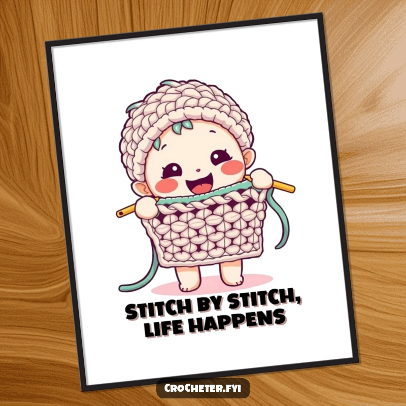 Funny Free Printable Wall Art: Happy character demonstrating a complex crochet stitch with enthusiasm, showcasing crafting passion.
