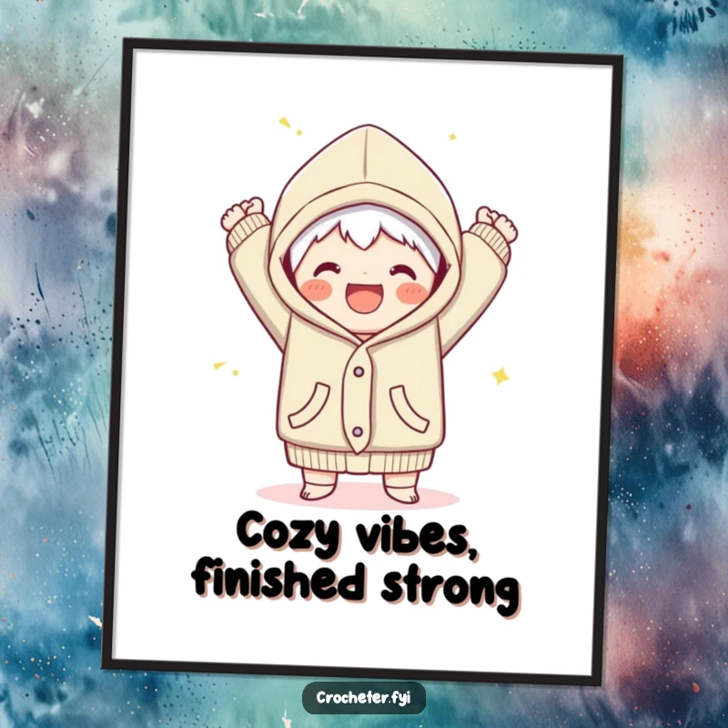 Funny Free Printable Wall Art depicting a joyful character triumphantly finishing a cozy garment with a flourish.