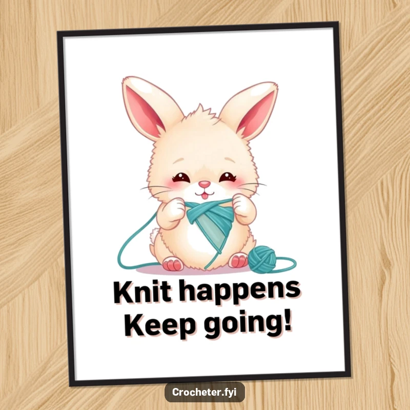 Funny Free Printable Wall Art: A fluffy bunny intensely knitting a single long thread, adding a touch of whimsical humor to any room.