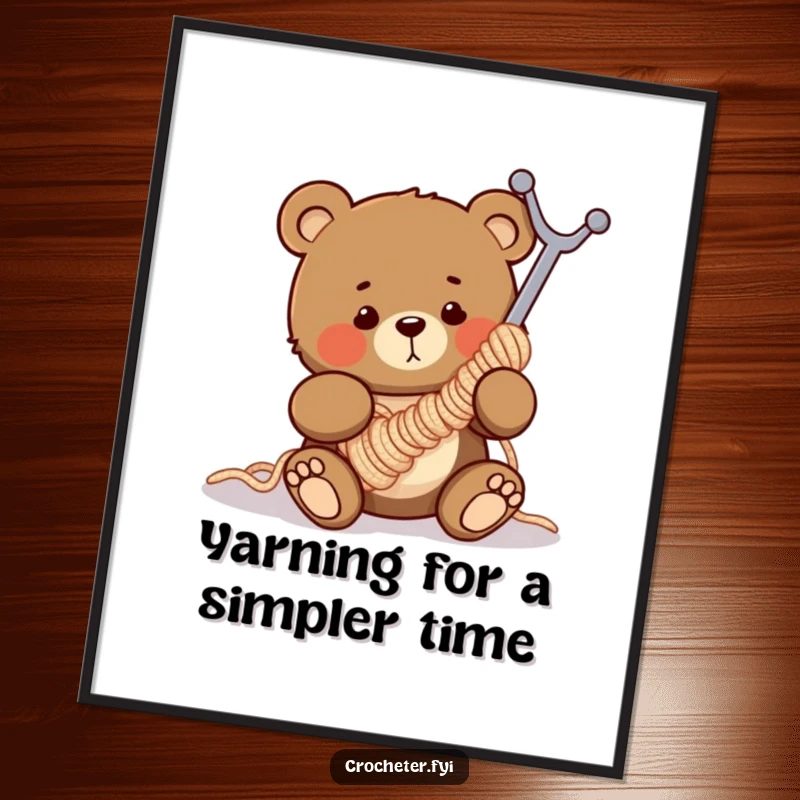 Funny Free Printable Wall Art: Clumsy bear humorously tangled in a giant crochet hook, looking surprised. Quirky downloadable decor.
