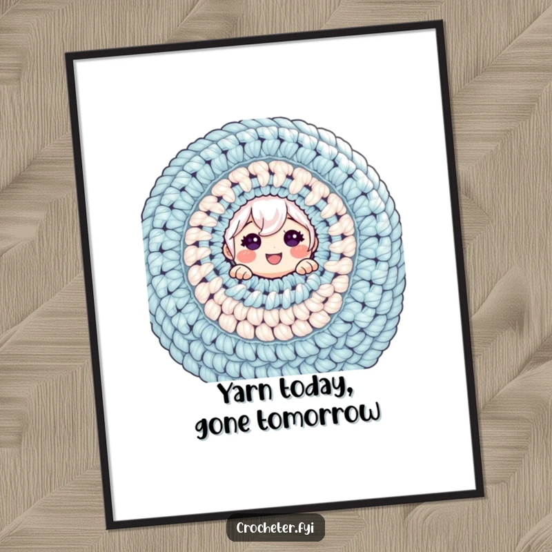 Funny Free Printable Wall Art: Cheerful character hiding behind a gigantic crochet project, a humorous decorative piece.
