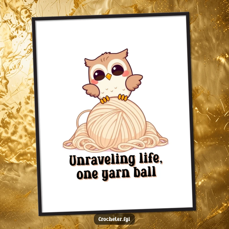 Funny Free Printable Wall Art: giggling owl dropping a giant yarn ball, playful downloadable decor, whimsical art