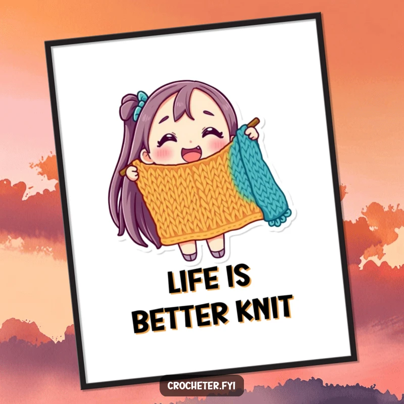Funny Free Printable Wall Art: A happy character proudly shows off a colorful, unfinished knitted project, radiating creative joy.
