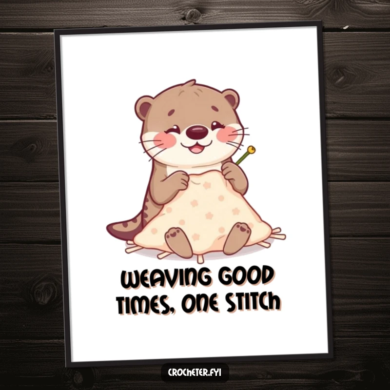 Funny Free Printable Wall Art: happy otter sewing a blanket with big needles, quirky downloadable decor, humorous art