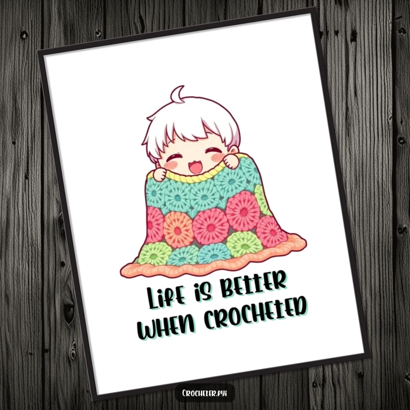 Funny Free Printable Wall Art: A content character beams with pride while admiring a fully crocheted blanket, perfect for downloadable cozy decor.