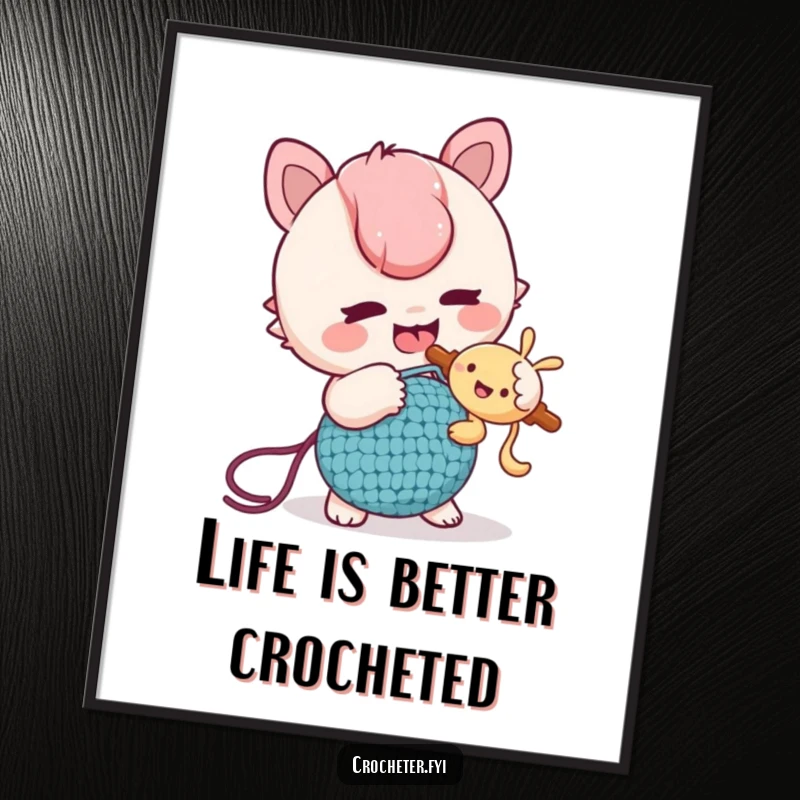 Funny Free Printable Wall Art: A mischievous character using a crochet hook to playfully tickle a friend, adding humorous decor.