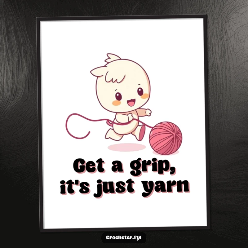 Funny Free Printable Wall Art: A playful character energetically chases a runaway ball of yarn, perfect for downloadable quirky home decor.