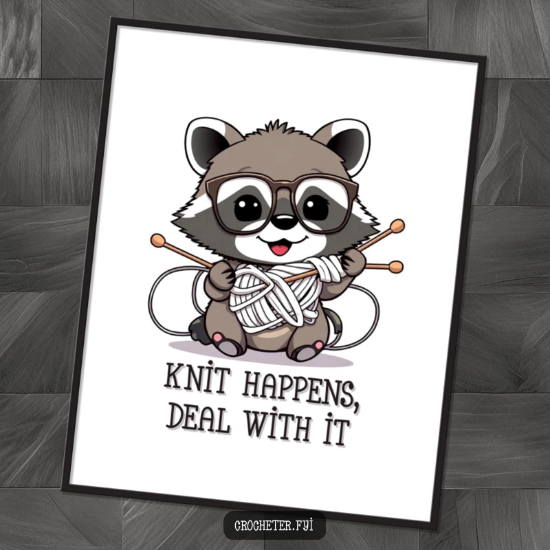 Funny Free Printable Wall Art: Mischievous raccoon with glasses hilariously caught in knitting needles. Quirky, humorous downloadable art.