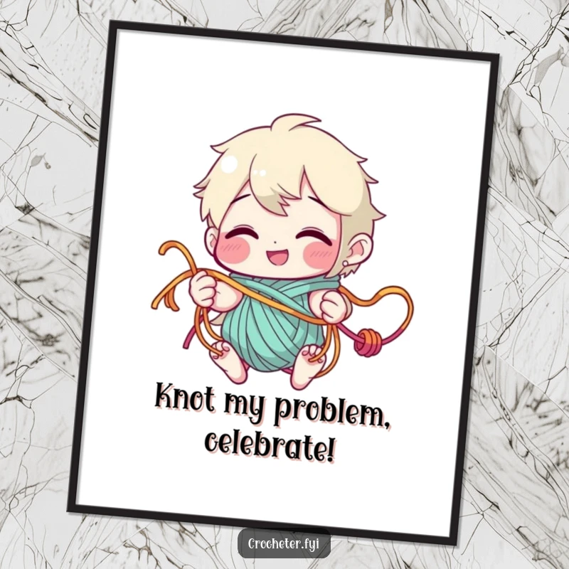 Funny free printable wall art of a character with a wide grin, playfully entangled in multiple strands of colorful yarn.