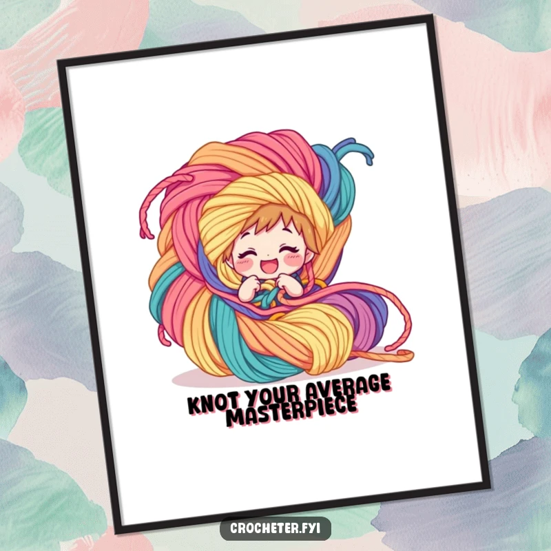 Funny Free Printable Wall Art: A giggling character comically ensnared in an enormous, colorful yarn creation, adding playful decor.