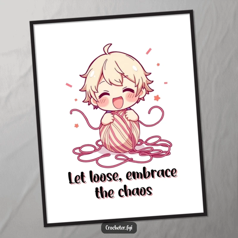 Funny free printable wall art of a character energetically unraveling a ball of yarn, sending strands flying everywhere.