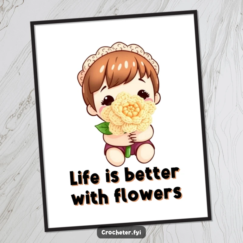 Sweet Free Printable Wall Art: Contented character holding a beautifully detailed, colorful crocheted flower with delicate petals.
