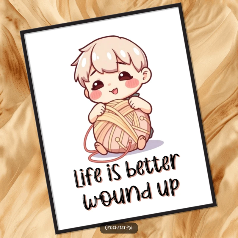 Funny Free Printable Wall Art depicting a contented character happily and meticulously winding yarn into a neat ball.