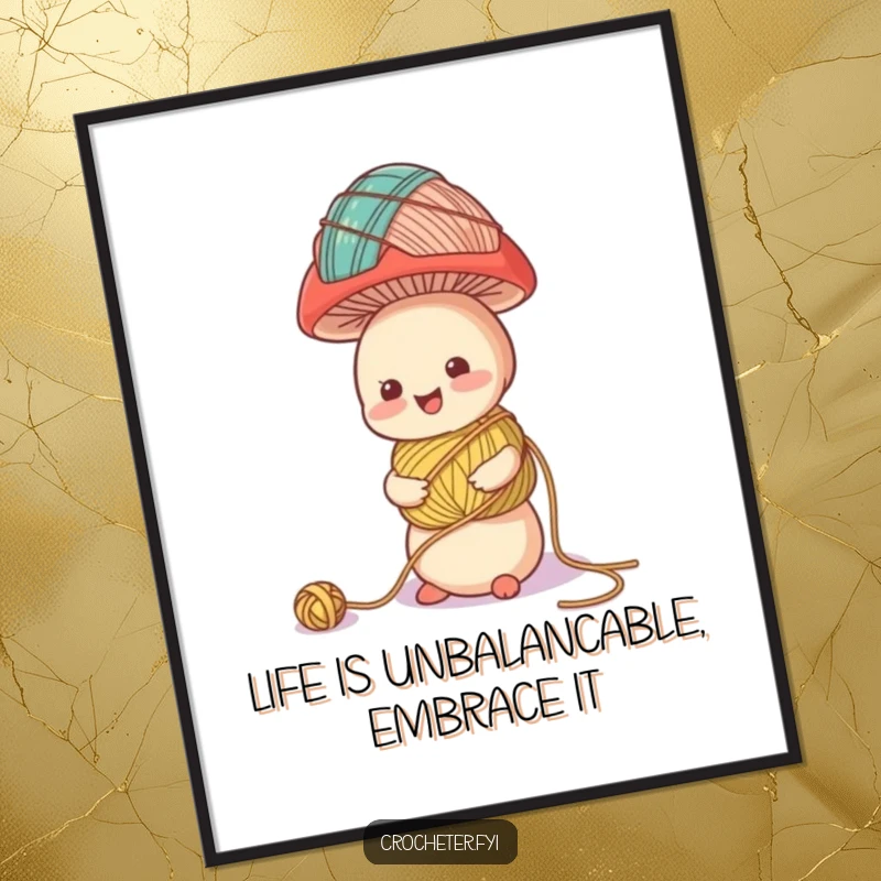 Funny Free Printable Wall Art: Cheerful mushroom artfully balancing a massive tower of colorful yarn balls. Playful downloadable decor.