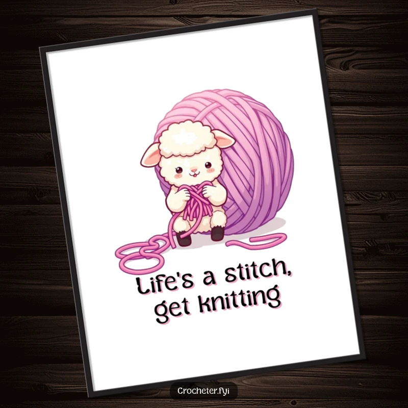 Funny Free Printable Wall Art: A small, fluffy sheep looks bewildered while attempting to knit a massive, hopelessly tangled ball of yarn.