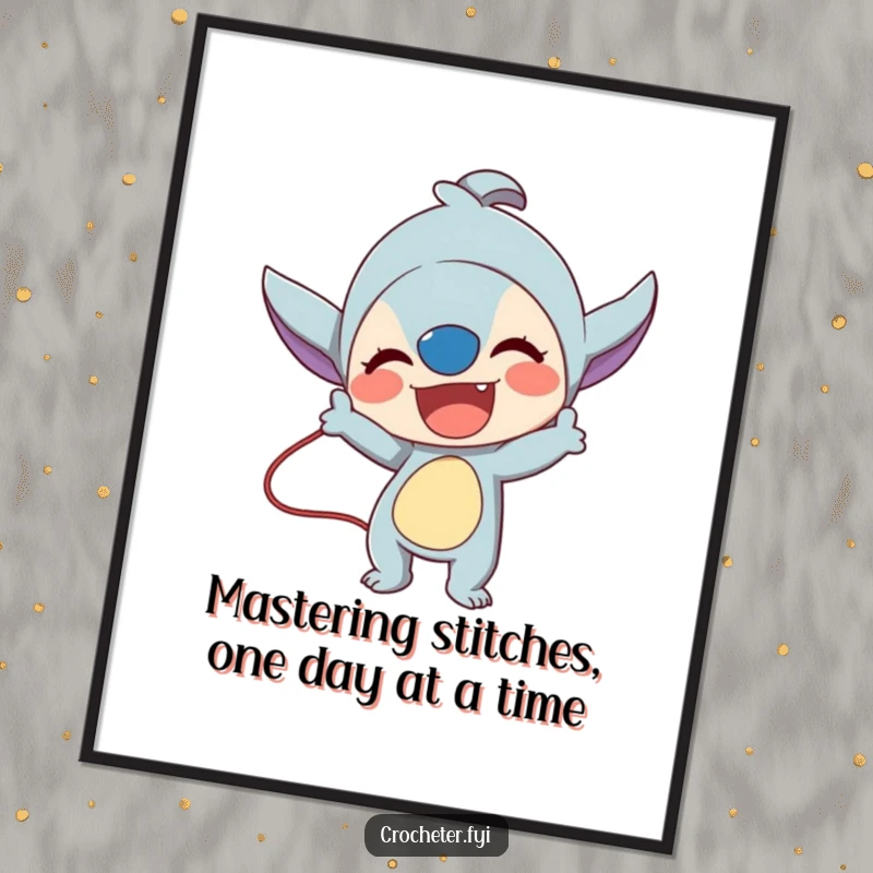 Lively Free Printable Wall Art: An enthusiastic character demonstrating a complex and impressive knitting or crochet stitch.