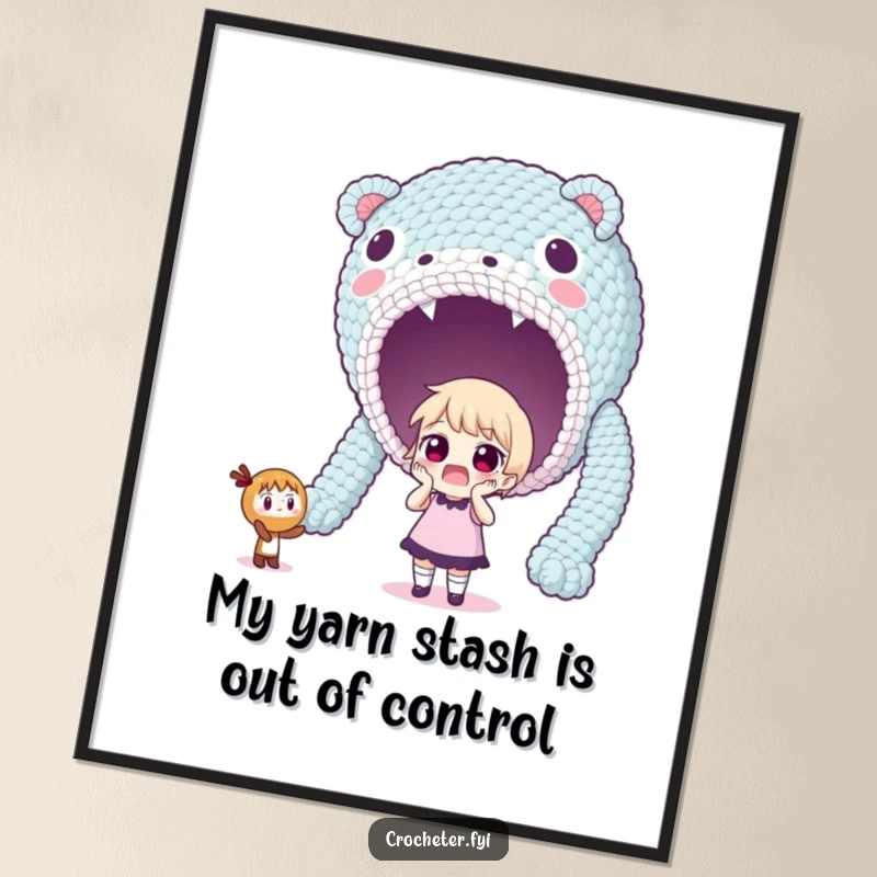 Funny Free Printable Wall Art: A character with a shocked expression looking up at a colossal, impeccably crocheted creation.