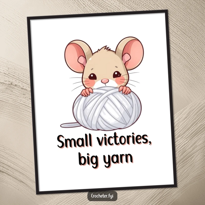 Funny Free Printable Mouse Yarn Wall Art: A triumphant mouse peeking from behind a massive ball of yarn, showcasing its victory.