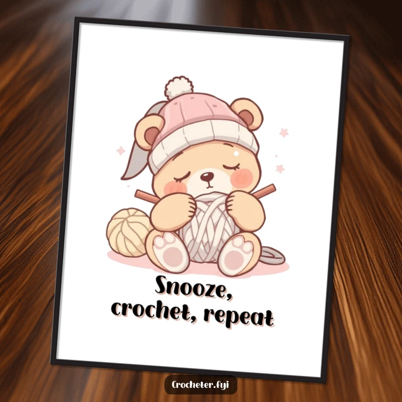 Funny Free Printable Wall Art: A sleepy bear softly dozing while attempting to crochet a warm hat, creating a cozy scene.