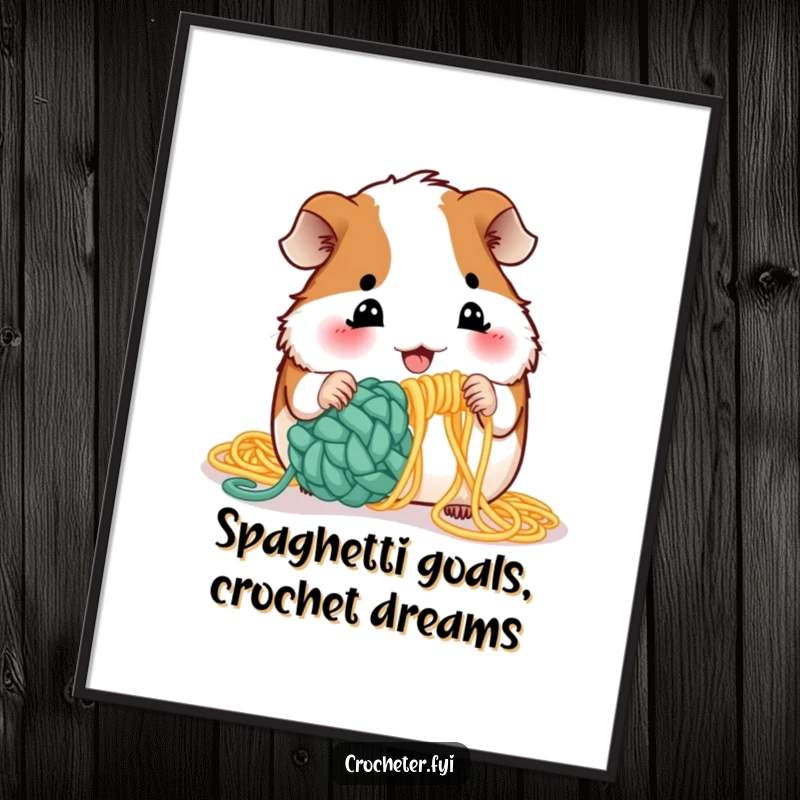 Funny Free Printable Wall Art: A playful guinea pig focused on crocheting with uncooked spaghetti, a unique and humorous art piece.