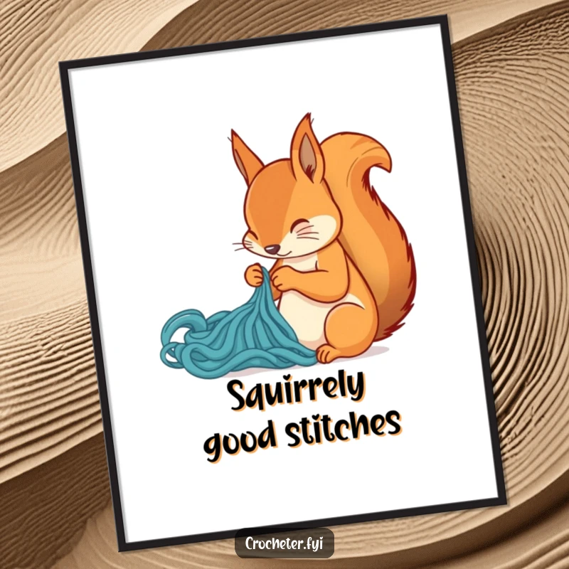 Funny Free Printable Wall Art: A squirrel deeply focused on stitching a complex pattern, bringing DIY charm to your decor.