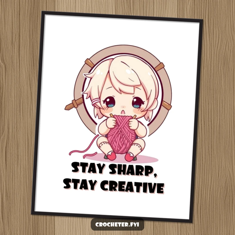 Funny Free Printable Wall Art: A character intensely focused on threading yarn through a needle's eye, highlighting dedication to craft.