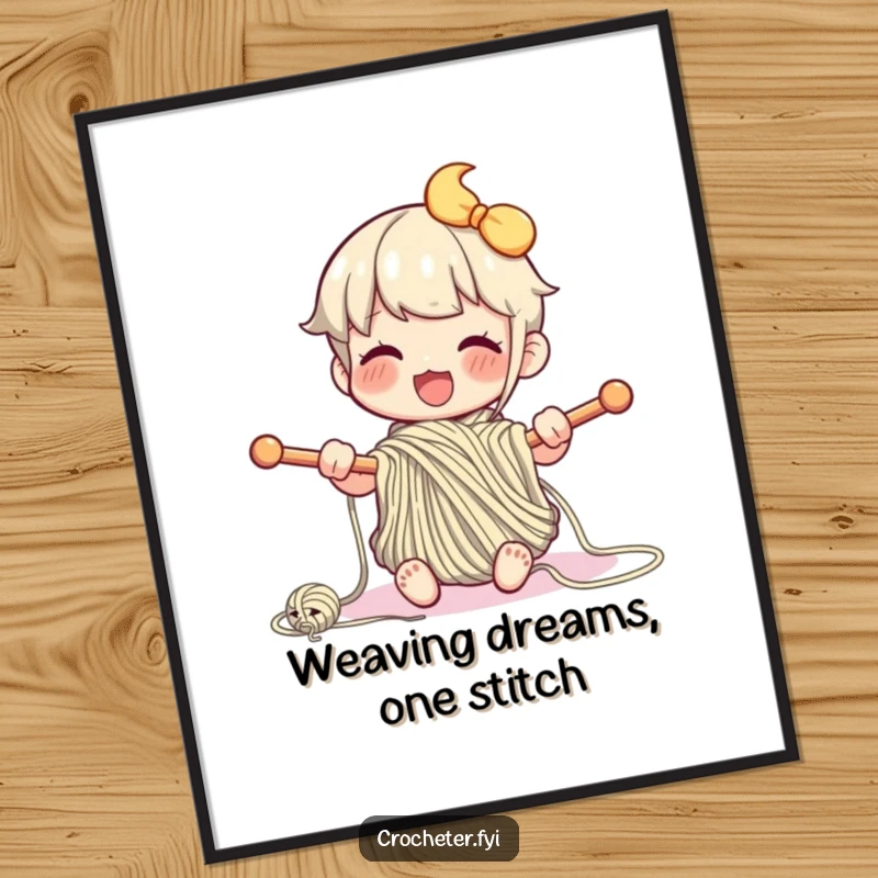 Funny Free Printable Wall Art: Happy character enthusiastically looping yarn with large knitting needles, smiling.