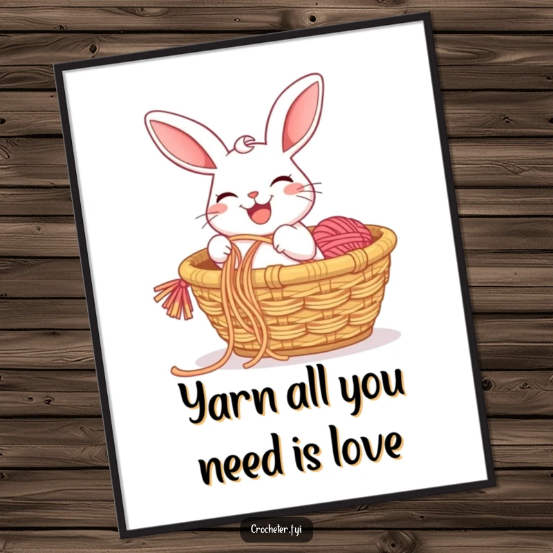 Funny free printable wall art of a joyous rabbit pulling a long string of yarn from a basket with a big grin.