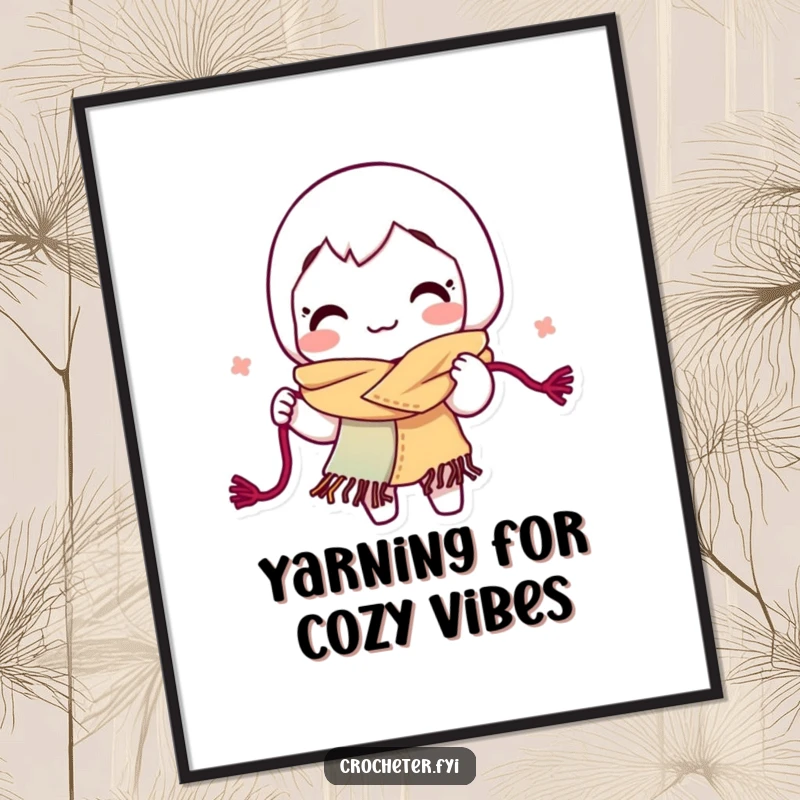 Funny Free Printable Wall Art showing a smiling character energetically knitting a colorful scarf from loops of yarn.