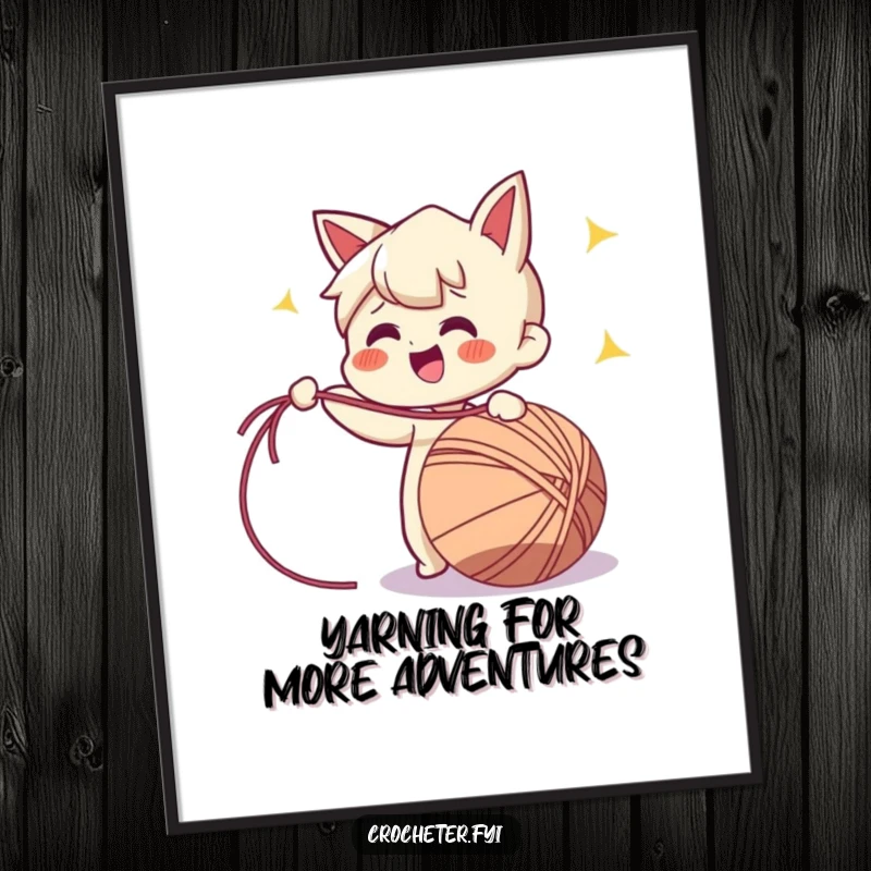 Funny Free Printable Wall Art: A cheerful character enthusiastically pulling a very long strand of yarn from a ball.