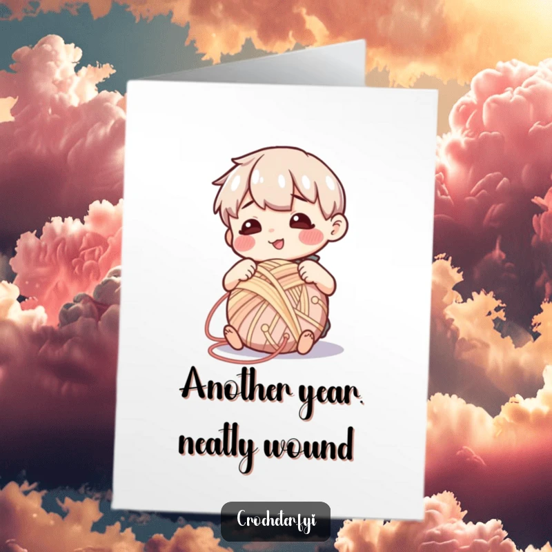 Funny Free Printable Birthday Card showing a content character neatly winding a ball of yarn.