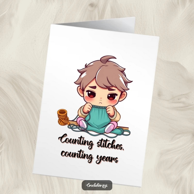 Funny free printable birthday card showing a focused character meticulously counting stitches with intense concentration and a yarn ball.