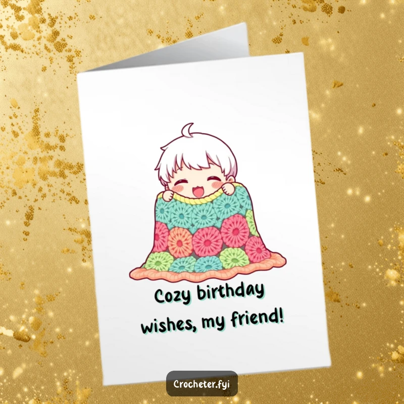 Funny Free Printable Birthday Card: Content character proudly admires a crocheted blanket, a downloadable wish for a cozy birthday.