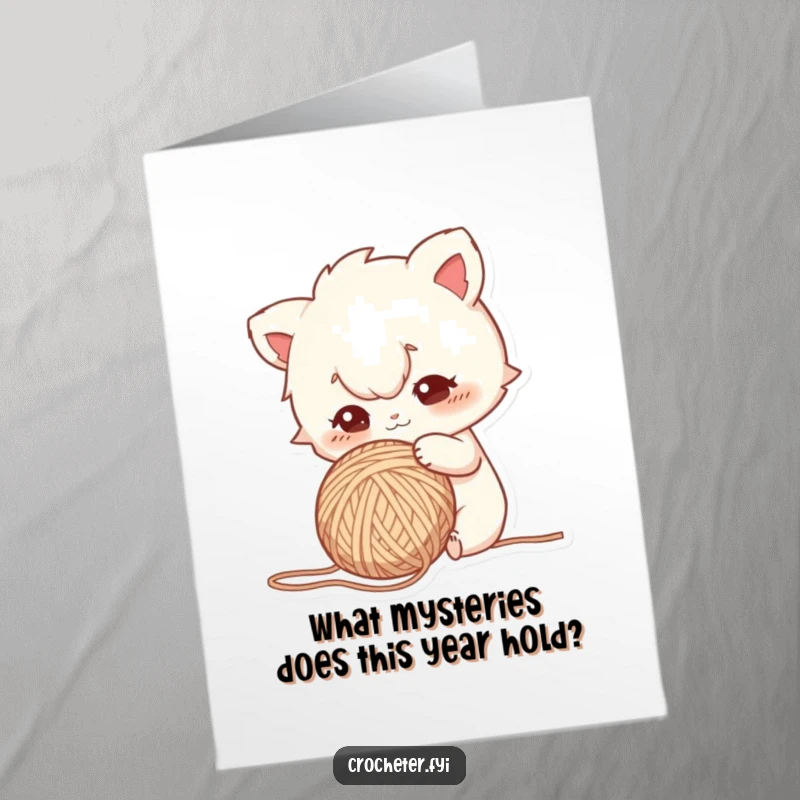 Funny Free Printable Birthday Card of a curious character intently poking a ball of yarn.