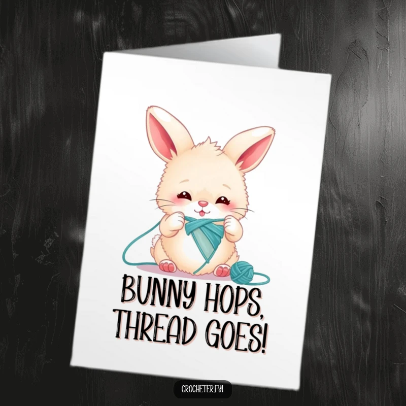 Funny Free Printable Birthday Card: Fluffy bunny knitting one long thread with intense focus, ready to send birthday wishes.