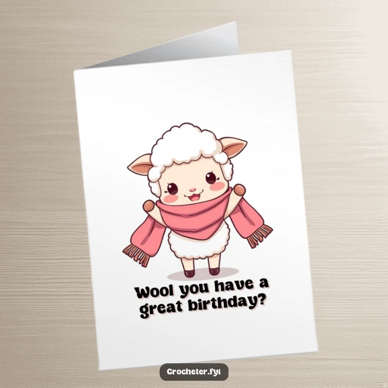 Funny Free Printable Birthday Card: Perky sheep beaming while holding up a very long scarf, ideal for DIY celebration