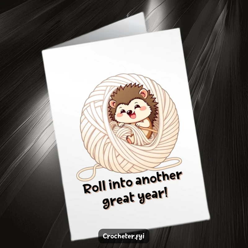 Funny Free Printable Birthday Card showing a happy hedgehog joyfully rolling inside a huge, unraveled ball of yarn, a cute DIY gift.