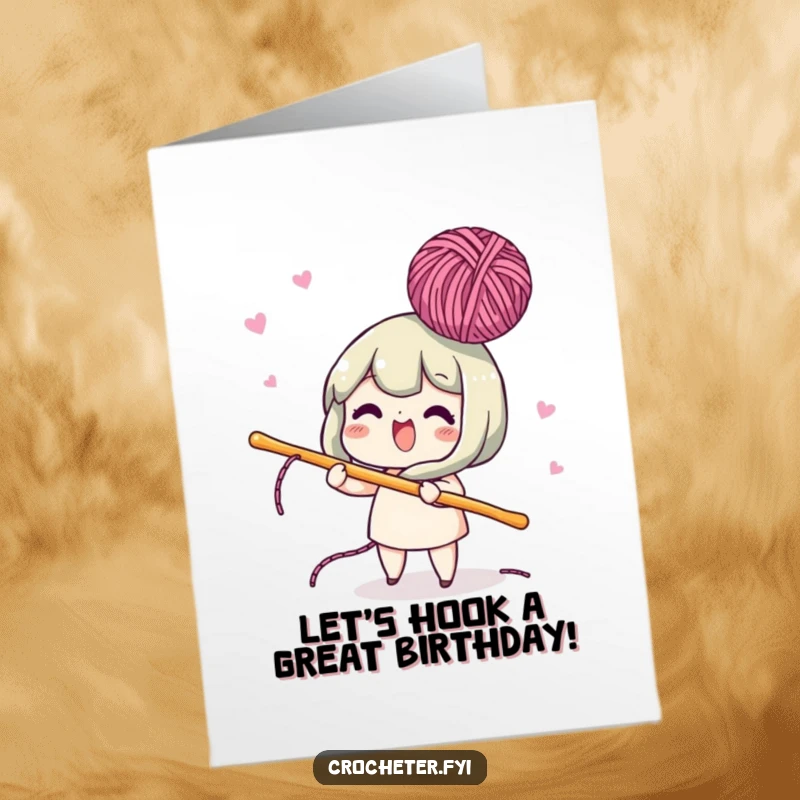 Funny Free Printable Birthday Card of an energetic character playfully bobbing yarn with a crochet hook.