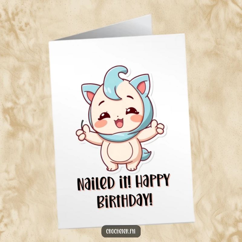 Funny free printable birthday card showing a smiling character proudly displaying a perfectly executed stitch, radiating accomplishment.