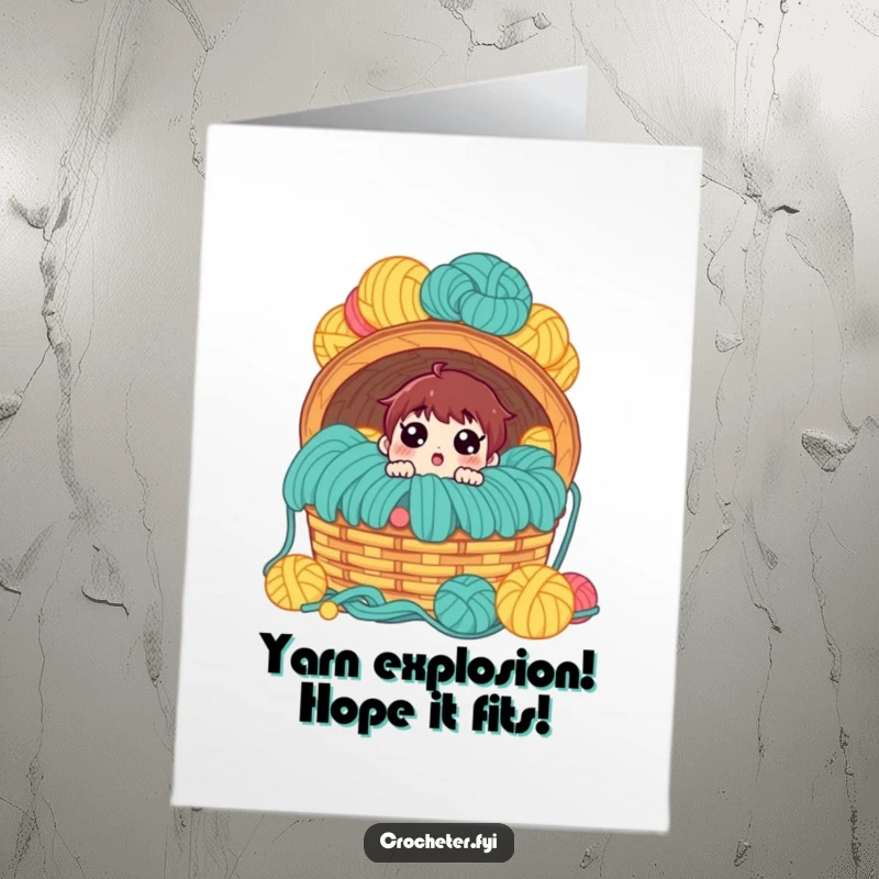 Funny Free Printable Birthday Card: Overwhelmed character shocked by a massive overflowing yarn basket, perfect knitting gift.