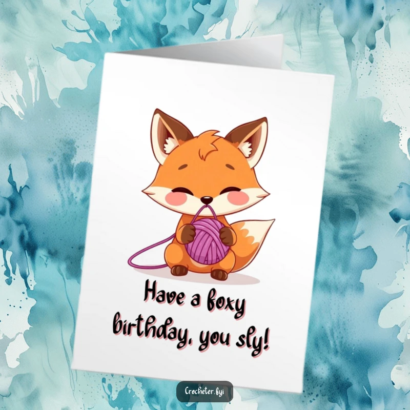 Funny free printable birthday card: a mischievous fox character balancing a ball of yarn on its nose, celebrating with playful antics.