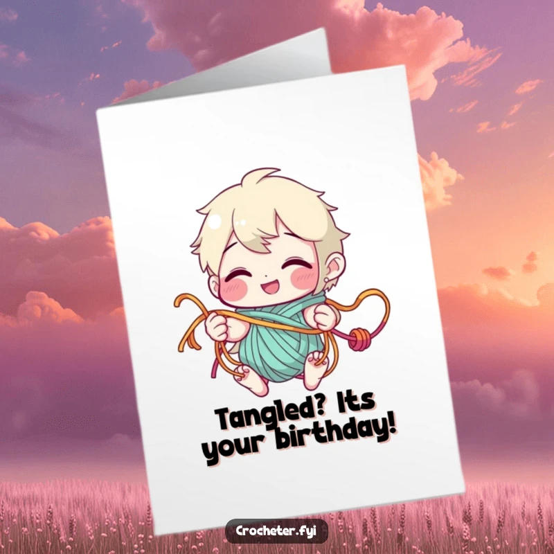 Funny free printable birthday card of a character grinning while playfully tangled in colorful yarn strands.