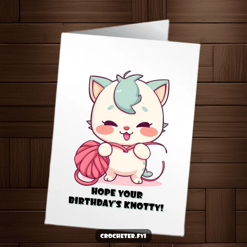 Funny Free Printable Birthday Card: A playful character with a mischievous grin tangling yarn into a messy knot.