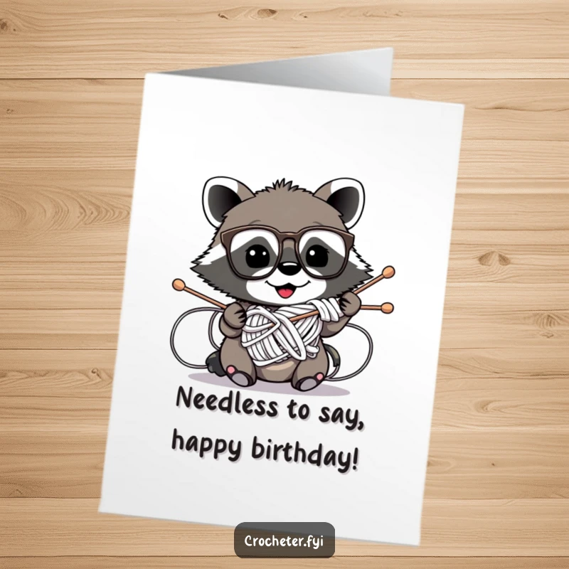 Funny Free Printable Birthday Card: Mischievous raccoon wearing glasses hilariously tangled in knitting needles. Comedic DIY greeting.