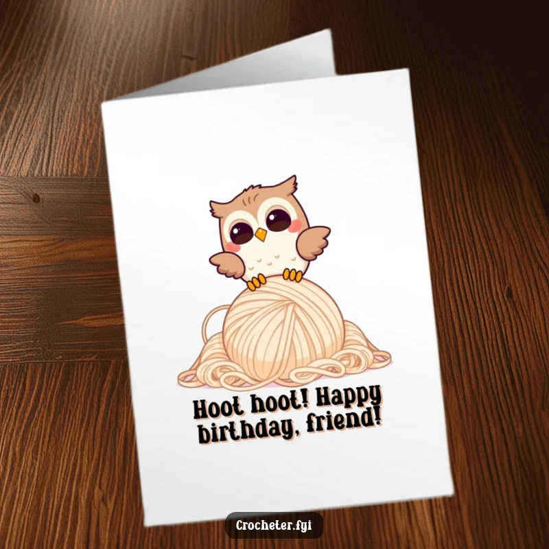 Funny Free Printable Birthday Card: giggling owl drops a huge ball of yarn, chaotic fun, downloadable birthday gift