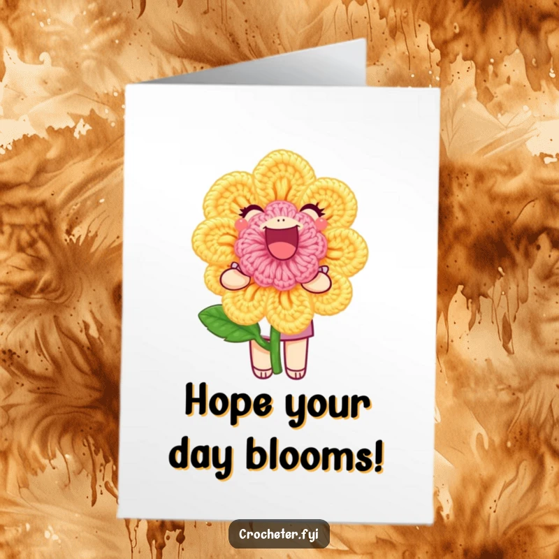Funny Free Printable Birthday Card: A joyful character proudly displaying a perfectly crafted crochet flower, wishing happy birthday.