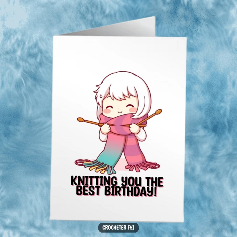 Funny Free Printable Birthday Card: A smiling character happily knitting a long, colourful scarf with big needles.