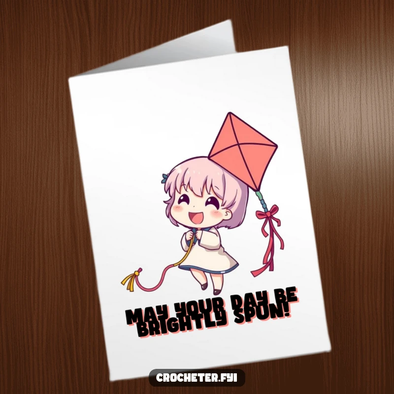 Funny Free Printable Birthday Card: Delighted character flying a long colorful yarn strand like a kite, playful celebration.