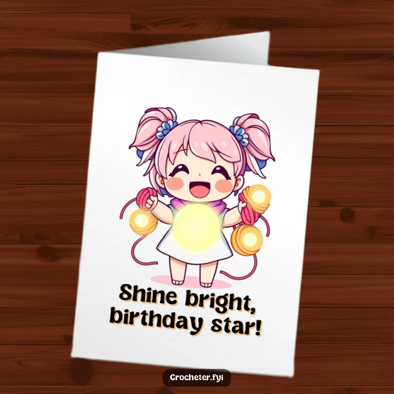 Funny Free Printable Birthday Card: Joyful character holding vibrant yarn skeins like glowing orbs, celebrating a birthday.