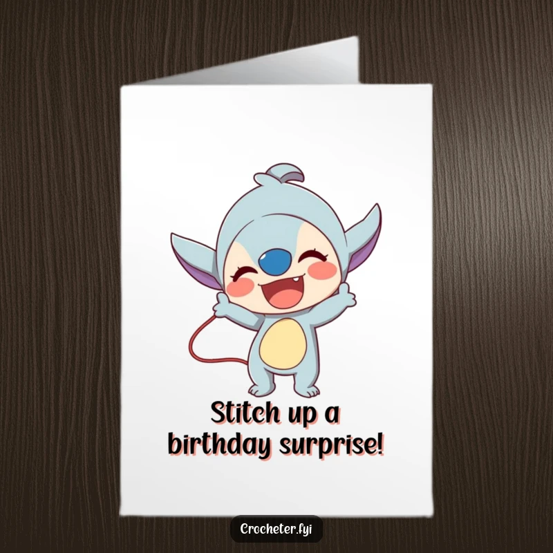Energetic Free Printable Birthday Card: Lively character enthusiastically showing off a complicated, impressive knitting or crochet stitch.
